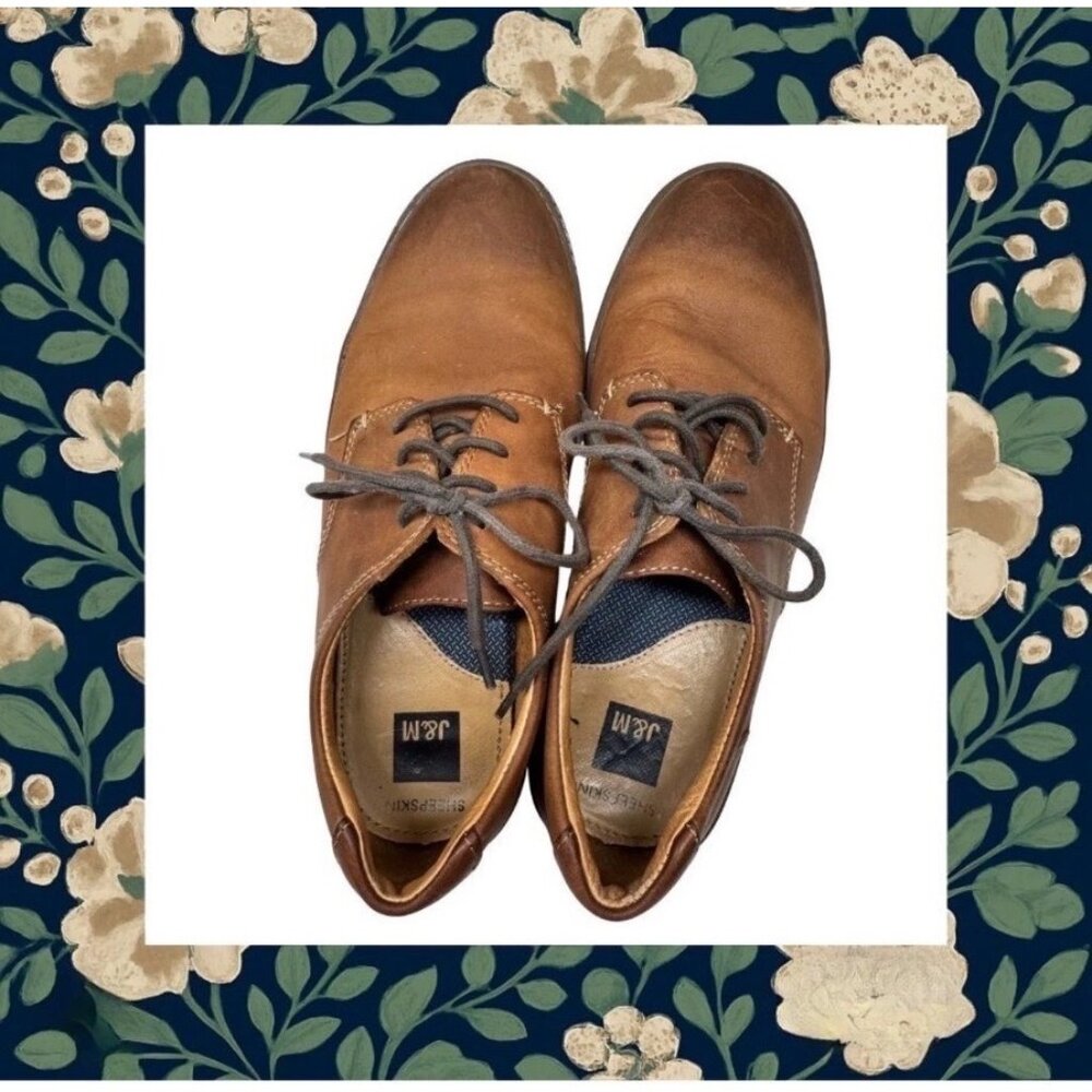 J&M Sheepskin Mens Burnished Brown Leather Lace-Up Dress Shoes Size 8.5